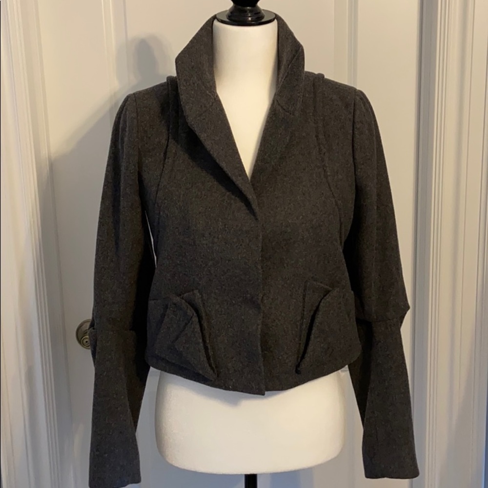 Max Azria runway Dark Gray cashmere/Wool Blend Cropped Blazer Bow detail